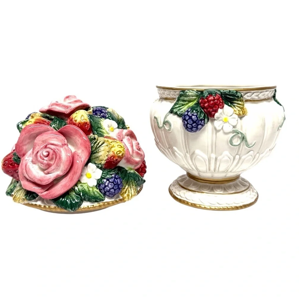 Fitz and Floyd Strawberries & Roses Lidded Candy Jar with Pink/Gold Accents EUC